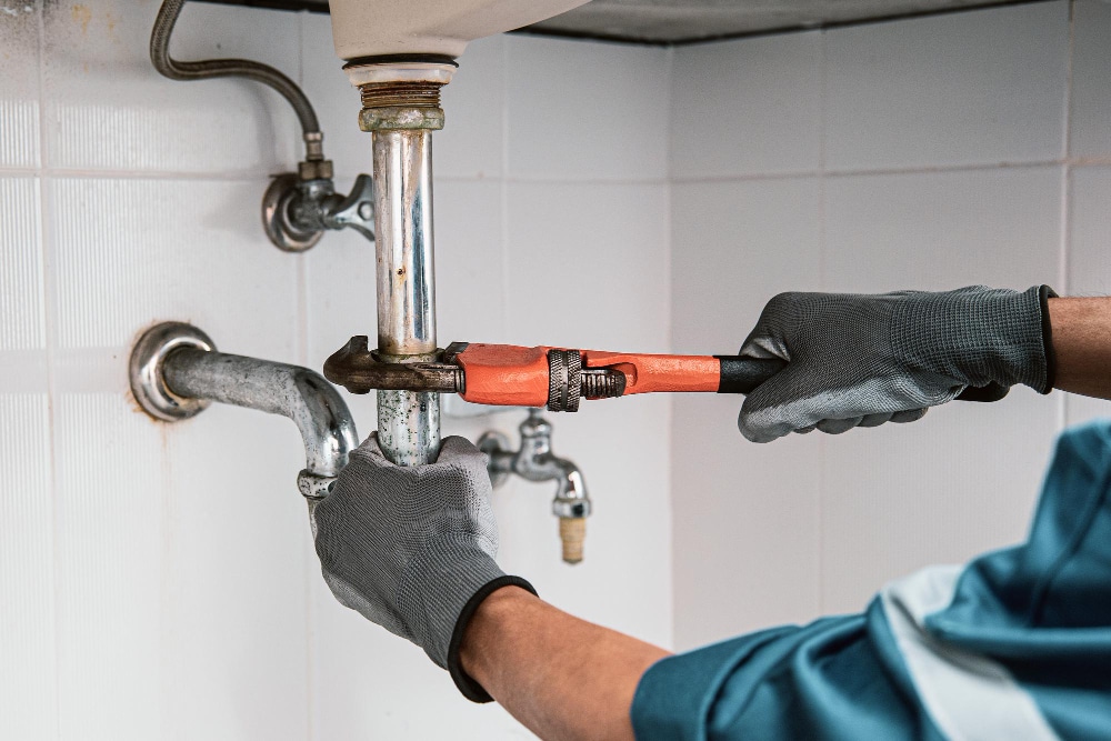 Plumber Using Wrench Repair Water Pipe Sink
